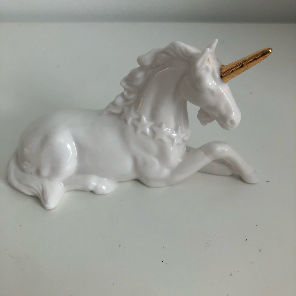Vintage White Porcelain Unicorn Figurine with Gold Horn and Stars at Neck
